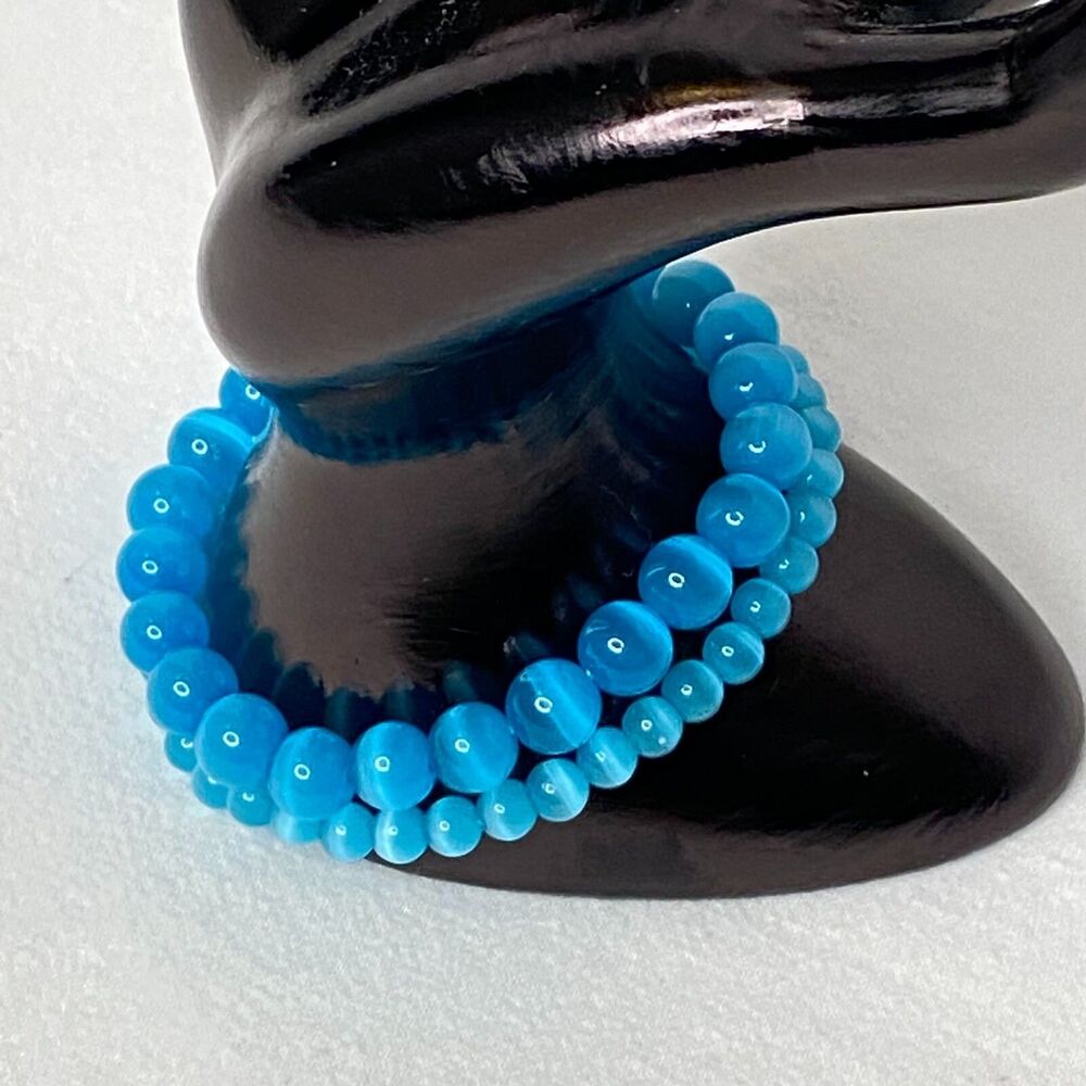 💎True Blue Tigers Eye Beaded Stretch Bracelet Set Boho Stacking Healing Stone